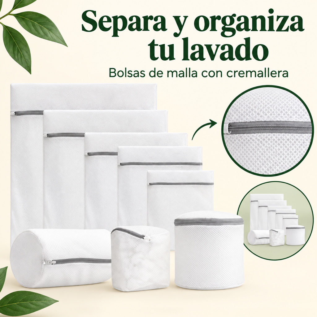 Set de ocho bolsas de lavandería y detalle de la malla con cremallera.